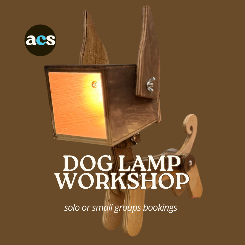 Dog Lamp Workshop promotional graphic with wooden lamp.