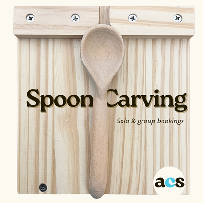 Spoon Carving workshop graphic with wooden spoon.